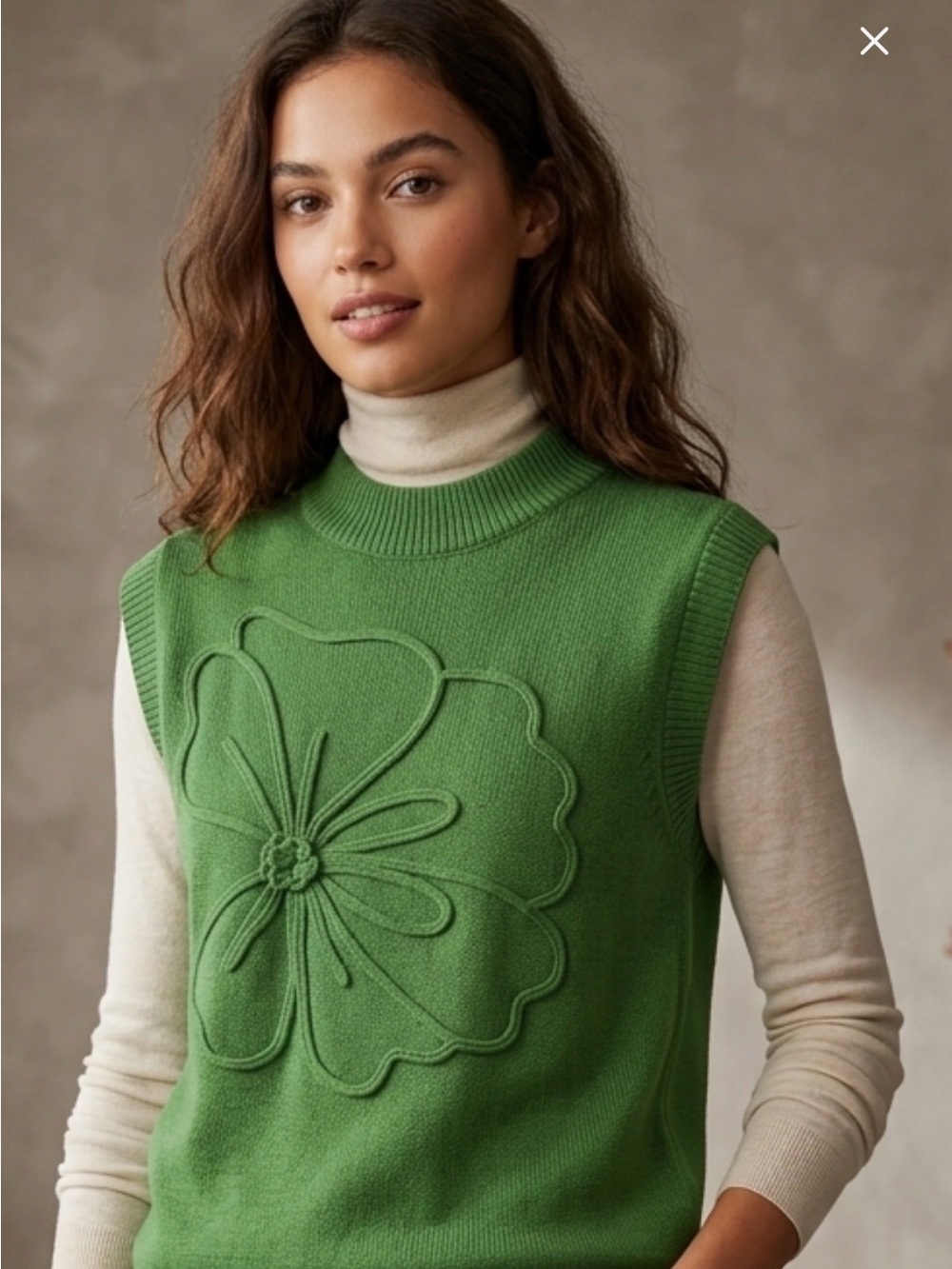 Green Floral Appliqué Knit Sweater Vest - Crew Neck NWOT